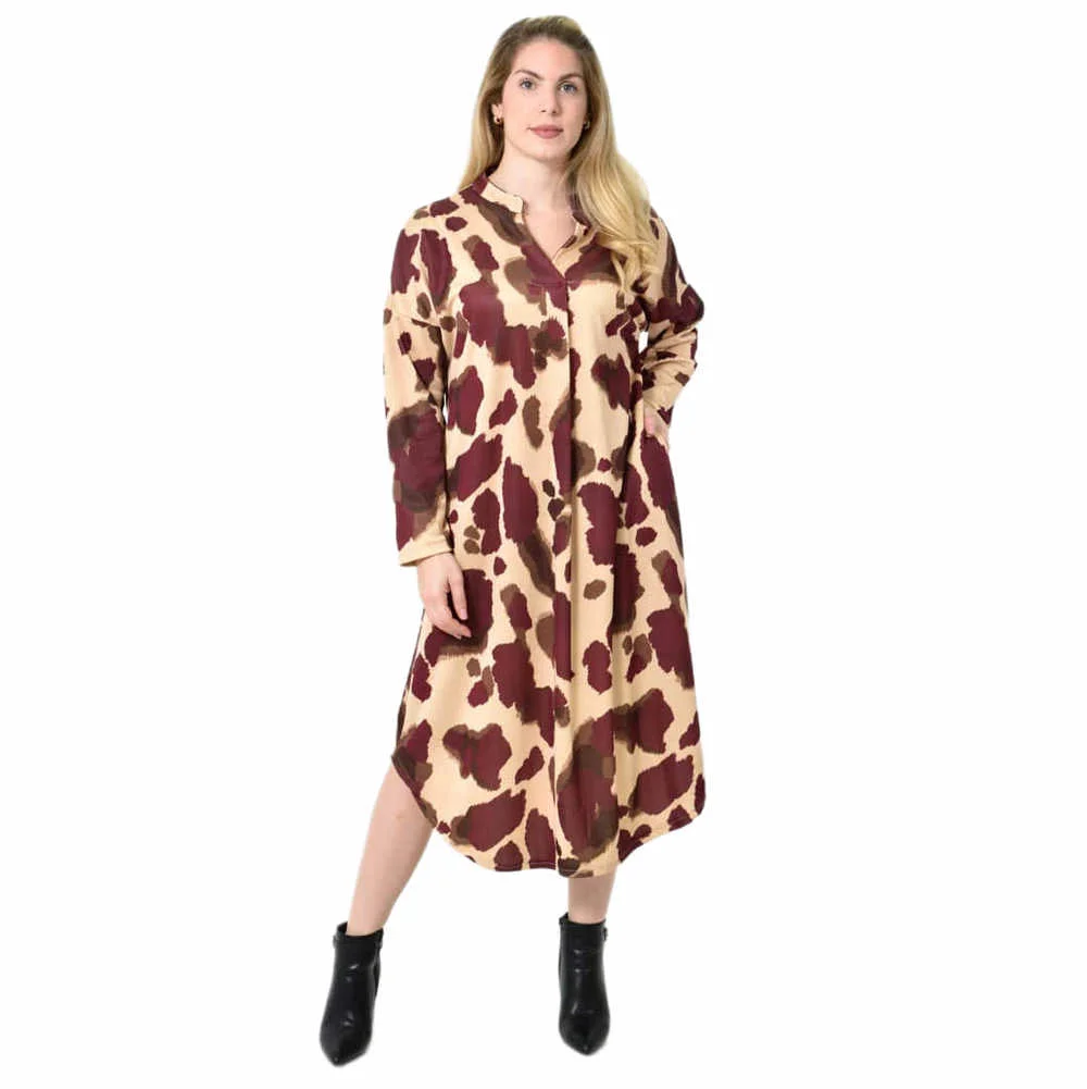 Φωτογραφία προϊόντος: Potre Midi Σεμιζιέ Φόρεμα Abstract Animal Print - Άνετη Γραμμή / Μπορντώ