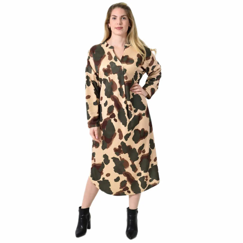 Φωτογραφία προϊόντος: Potre Midi Σεμιζιέ Φόρεμα Abstract Animal Print - Άνετη Γραμμή / Χακί