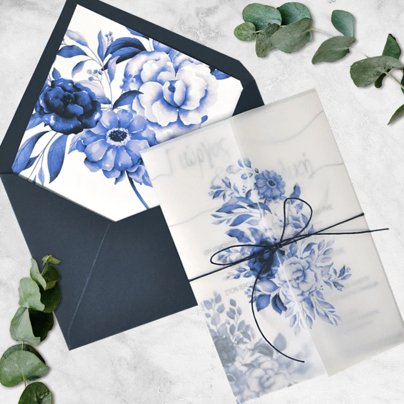 Φωτογραφία προϊόντος: OEM Προσκλητήριο Γάμου Floral Blue Navy Deluxe Με Εκτύπωση