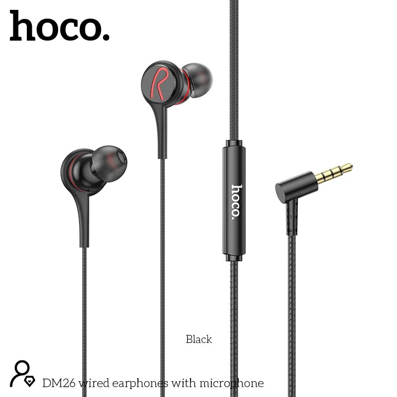 Φωτογραφία προϊόντος: Hands Free Hoco DM26 Earphones Stereo 3.5mm Ανάγλυφο Καλώδιο με Elbow Design Μαύρα