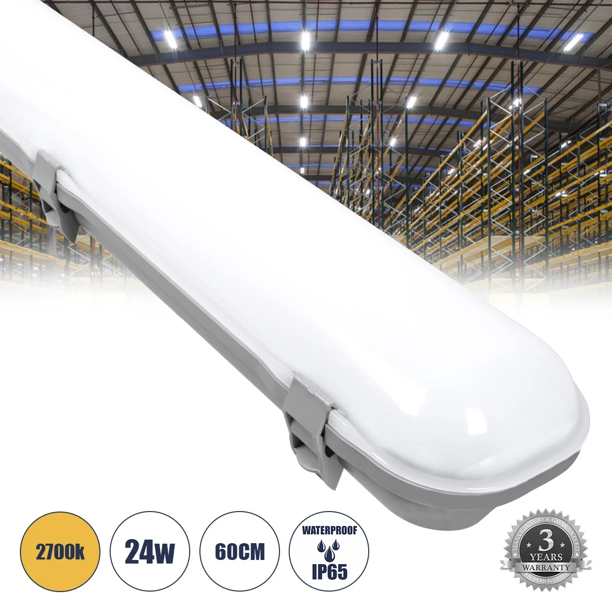 Φωτογραφία προϊόντος: GloboStar® 60172 LED Γραμμικό Βιομηχανικό Φωτιστικό Tri-Proof 60cm 24W 2690lm 120° AC 220-240V Αδιάβροχο IP65 Μ60 x Π10.5 x Υ8cm Θερμό Λευκό 2700K - 3 Χρόνια Εγγύηση