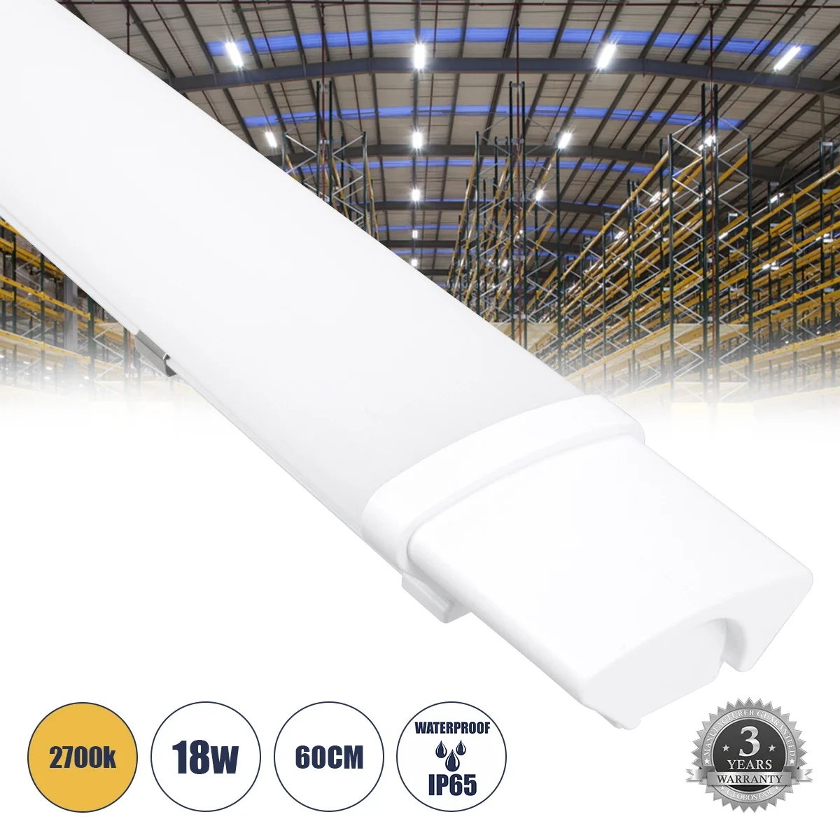 Φωτογραφία προϊόντος: GloboStar® 60163 LED Γραμμικό Βιομηχανικό Φωτιστικό Tri-Proof 60cm 18W 1936lm 120° AC 220-240V Αδιάβροχο IP65 Μ60 x Π6 x Υ4cm Θερμό Λευκό 2700K - 3 Χρόνια Εγγύηση