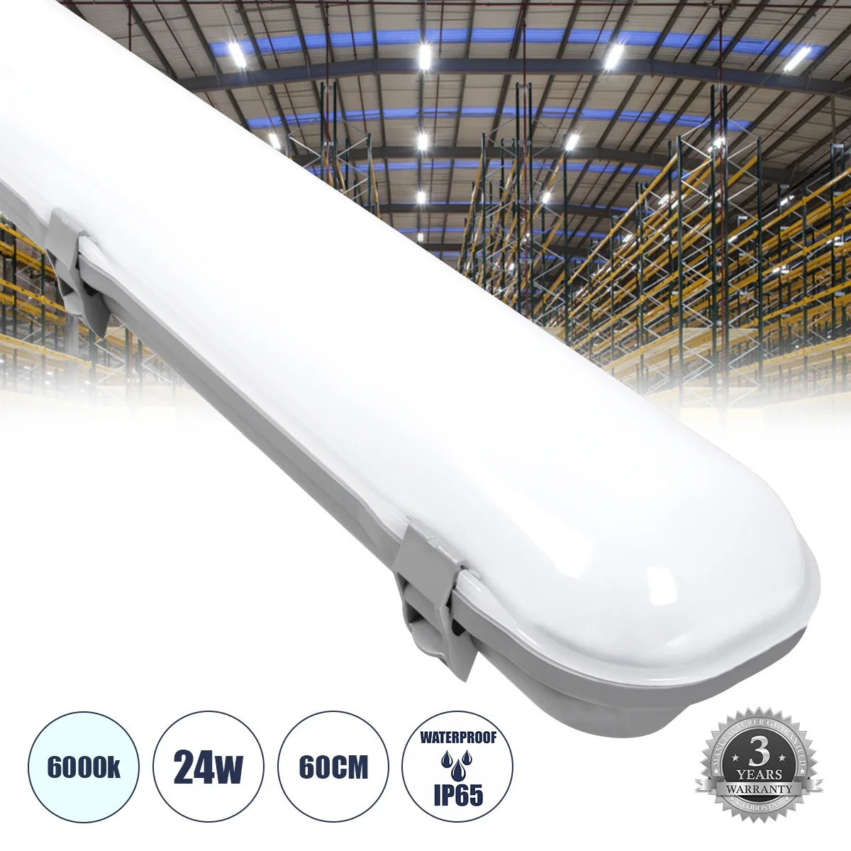 Φωτογραφία προϊόντος: GloboStar® 60170 LED Γραμμικό Βιομηχανικό Φωτιστικό Tri-Proof 60cm 24W 2785lm 120° AC 220-240V Αδιάβροχο IP65 Μ60 x Π10.5 x Υ8cm Ψυχρό Λευκό 6000K - 3 Χρόνια Εγγύηση