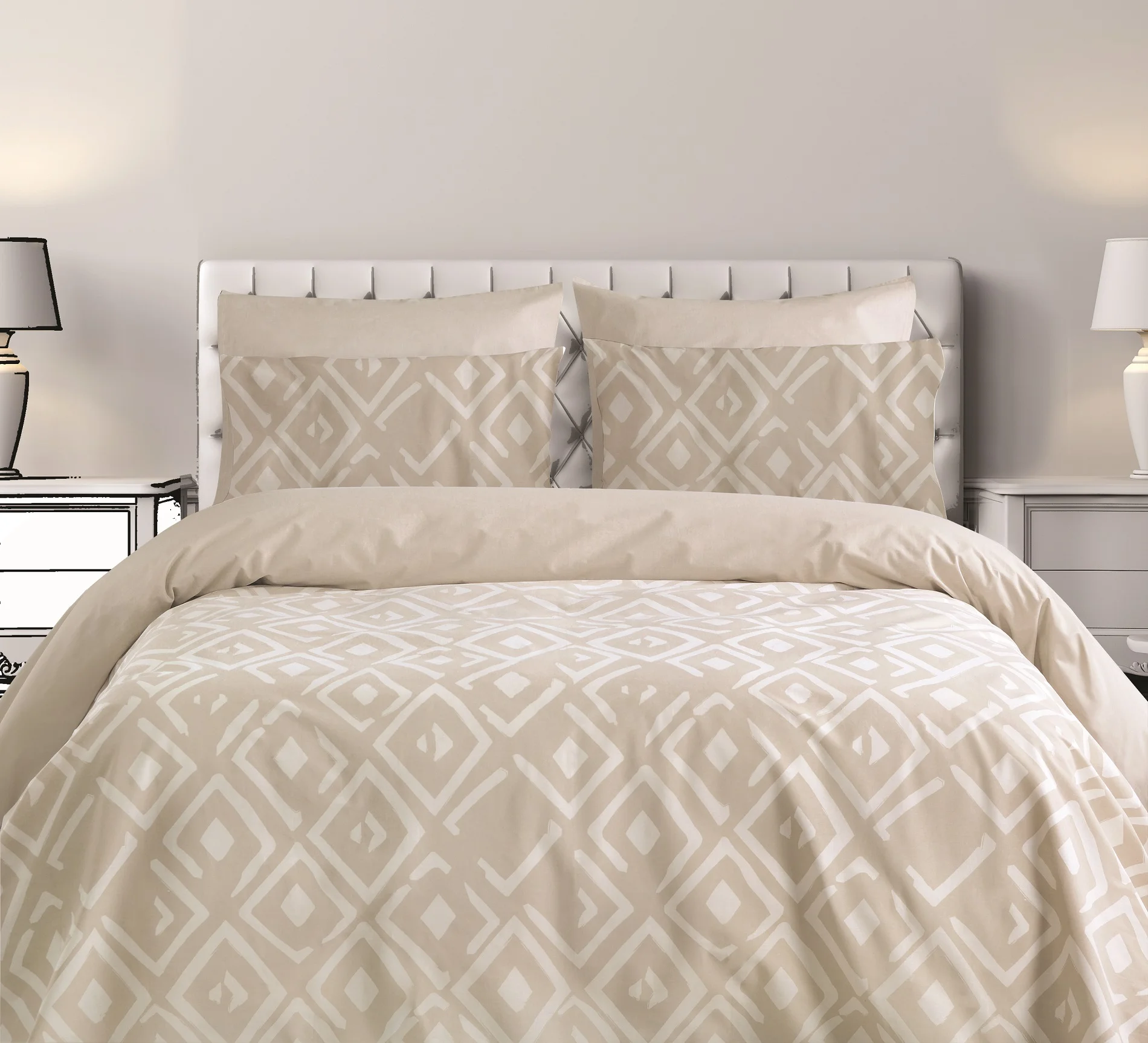 Φωτογραφία προϊόντος: Makis Tselios ΣΕΤ ΣΕΝΤ. MONA ROMVOS1 BEIGE 170x270cm 105x200+30cm 50x70cm 144ΤC ΛΑΣΤ. 100% COTTON