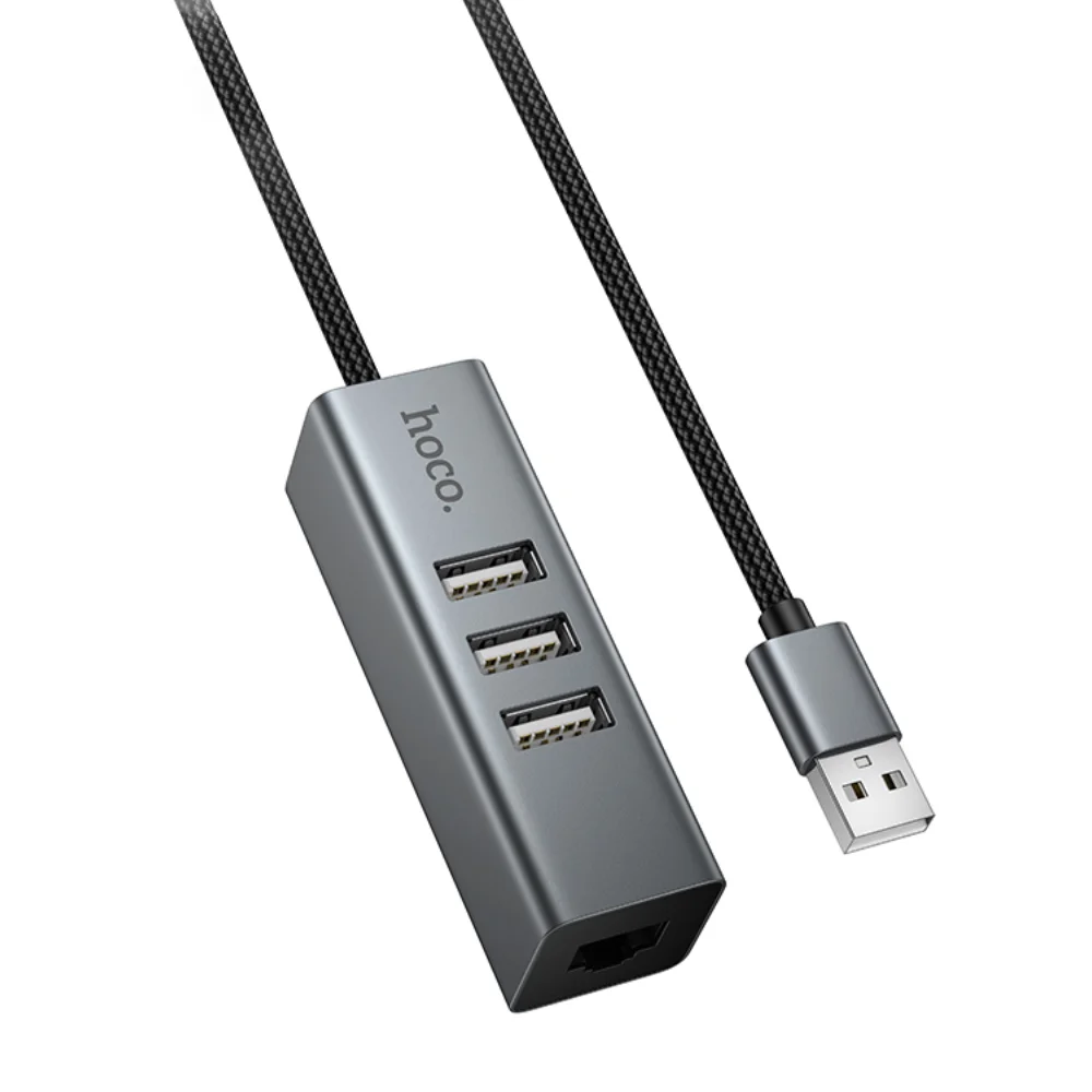 Φωτογραφία προϊόντος: USB Hub Hoco HB1D 4-in-1 USB-A σε 3xUSB-A 2.0 + RJ45 εως 480Mbps Aluminum Alloy Γκρι
