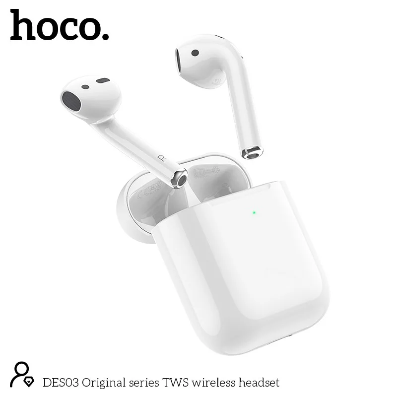 Φωτογραφία προϊόντος: Wireless Hands Free Hoco DES03 Plus TWS V5.0 350mAh και 3h Ώρες Λειτουργίας Λευκά με Μαύρο Silicon Sleeve