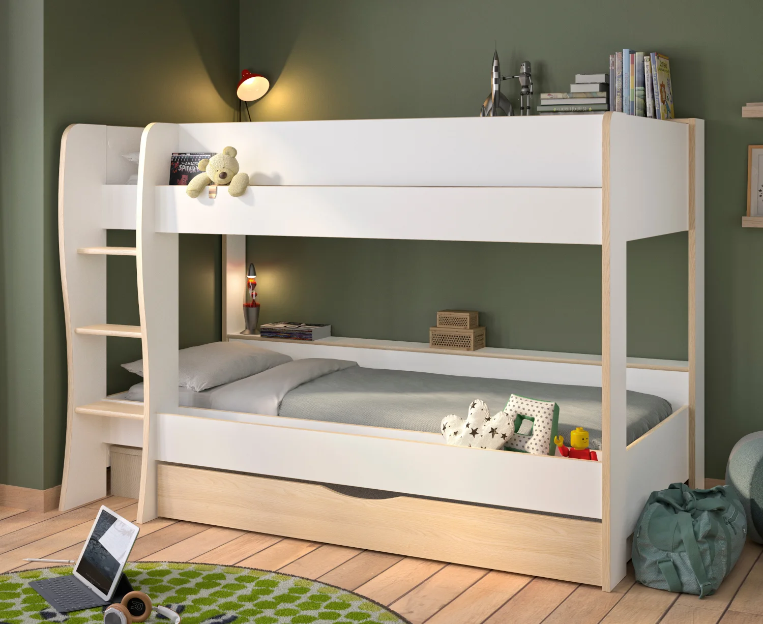 Φωτογραφία προϊόντος: INSIDE Roomy Κουκέτα παιδική με 2 μονά κρεβάτια, αποθηκευτικό συρτάρι & σκάλα , 209X130X145εκ. Λευκό / Light Oak