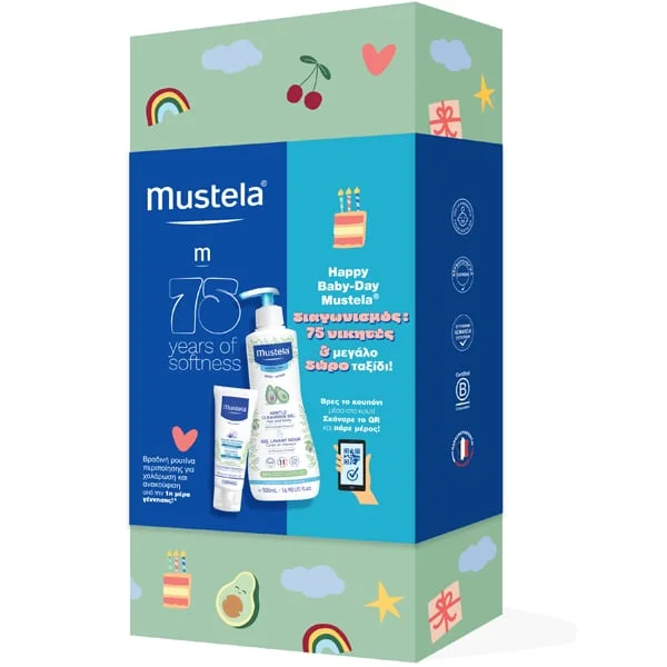 Φωτογραφία προϊόντος: Mustela Promo Happy Baby-Day 75 Years Πακέτο με Bebe Gentle Cleansing Gel Απαλό Αφροντούς για Σώμα & Μαλλιά, 500ml & Soothing Chest Rub Κρέμα Εντριβής Στήθους, 40ml, 1σετ