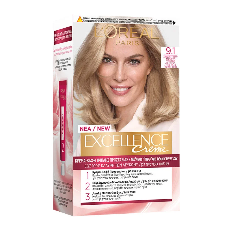 Φωτογραφία προϊόντος: L'OREAL PARIS Excellence Crème Μόνιμη Βαφή Μαλλιών Νο 9.1 - Ξανθό Πολύ Ανοιχτό Σαντρέ (50ml)