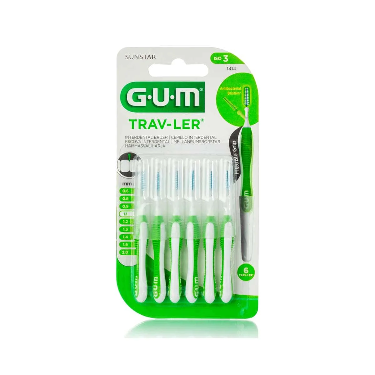 Φωτογραφία προϊόντος: Medipharmacy GUM Trav-ler 1414 Μεσοδόντια Βουρτσάκια 1.1mm Πράσινα 6 τμχ