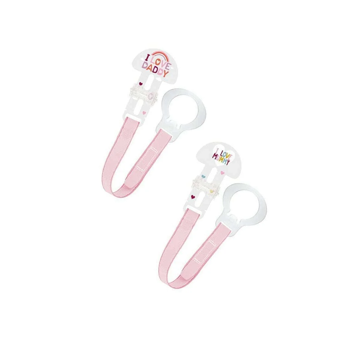 Φωτογραφία προϊόντος: Medipharmacy Mam Clip Set I Love Mummy & Daddy Κορδέλα Στήριξης Πιπίλας 2 τμχ