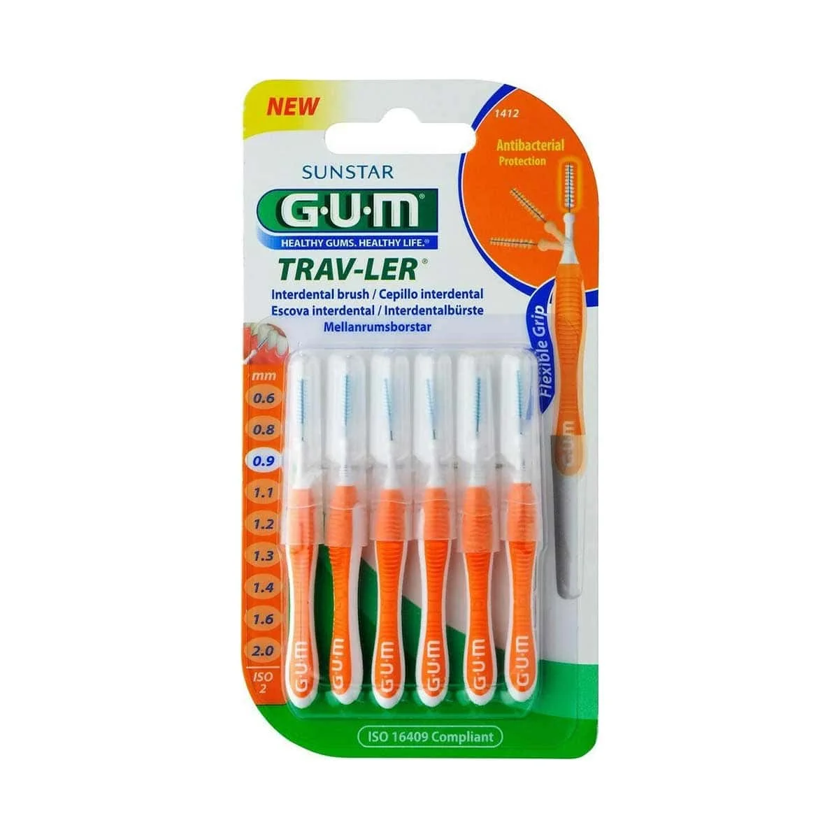 Φωτογραφία προϊόντος: Medipharmacy GUM Trav-ler 1412 Μεσοδόντια Βουρτσάκια 0.9mm Πορτοκαλί 6 τμχ