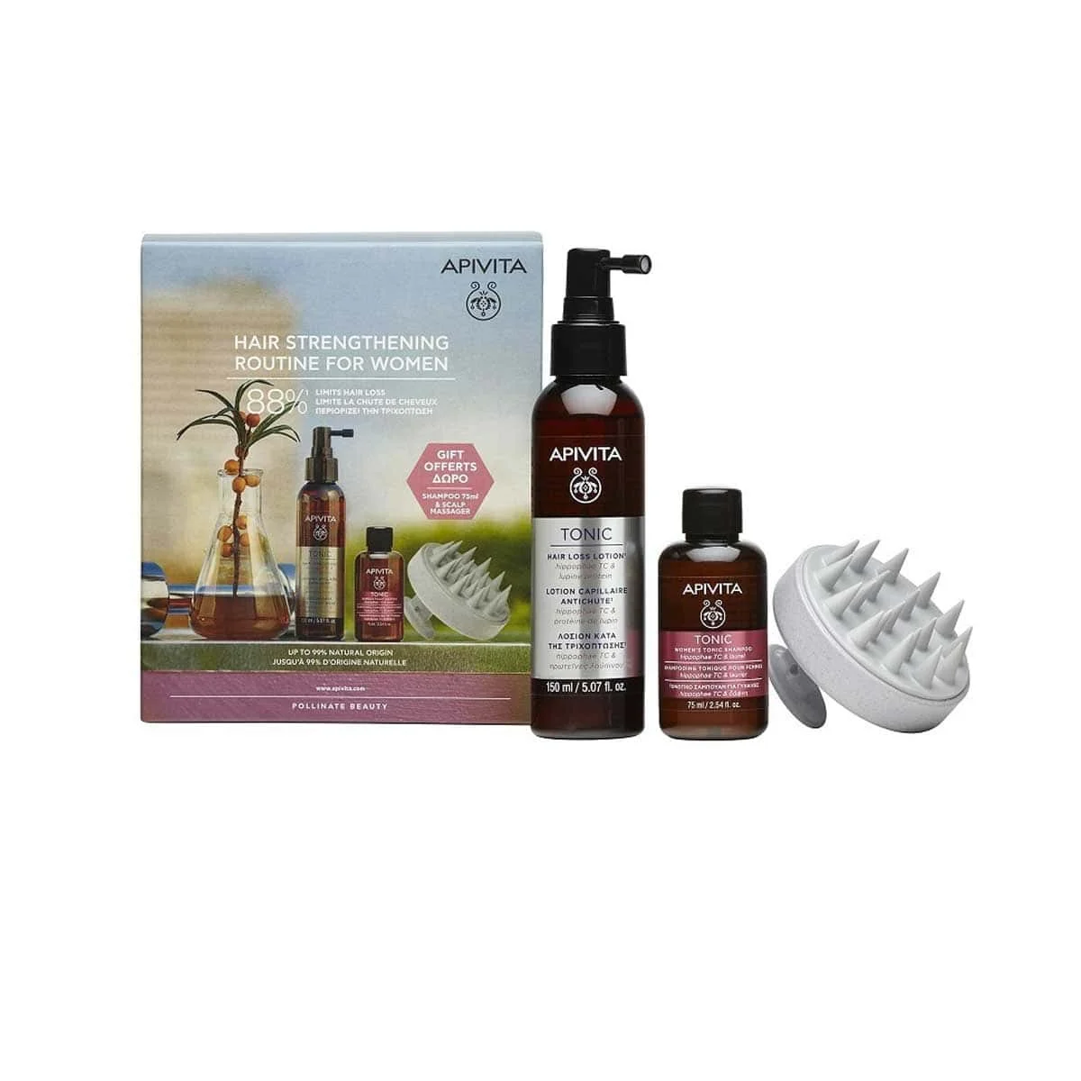Φωτογραφία προϊόντος: Medipharmacy Apivita Hair Strengthening Routine for Women Tonic Hair Loss Lotion 150ml & Women's Tonic Shampoo 75ml & Scalp Massager