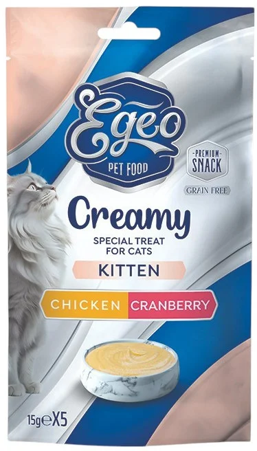 Φωτογραφία προϊόντος: Egeo grain free σνακ σε μορφή υγρής κρέμας για γατάκια με κοτόπουλο και κράνμπερι 5x15gr Egeo pet food (2071654)
