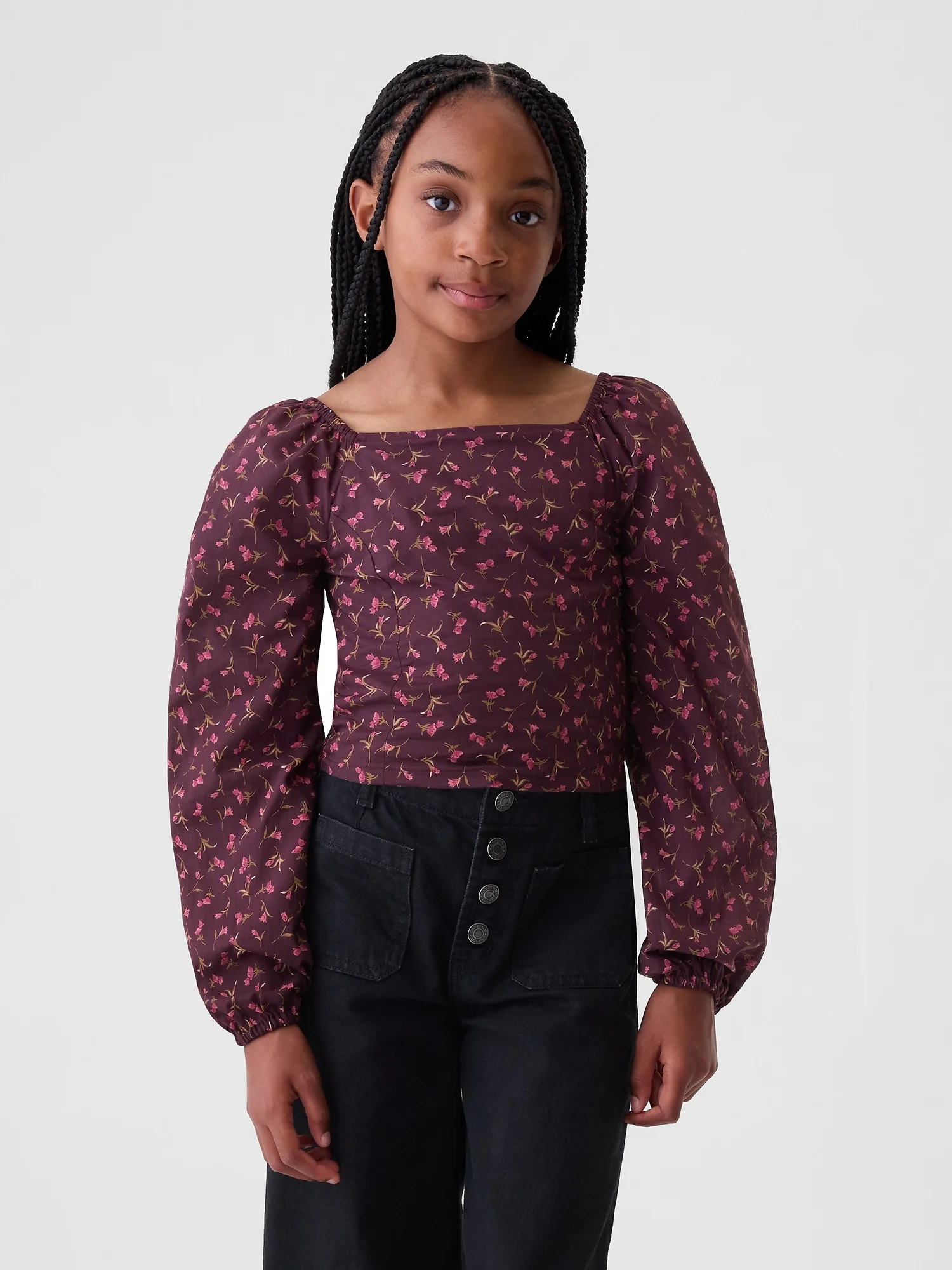 Φωτογραφία προϊόντος: GAP Κόκκινο Παιδικό Cropped Puff Sleeve Πουκάμισο Burgundy floral