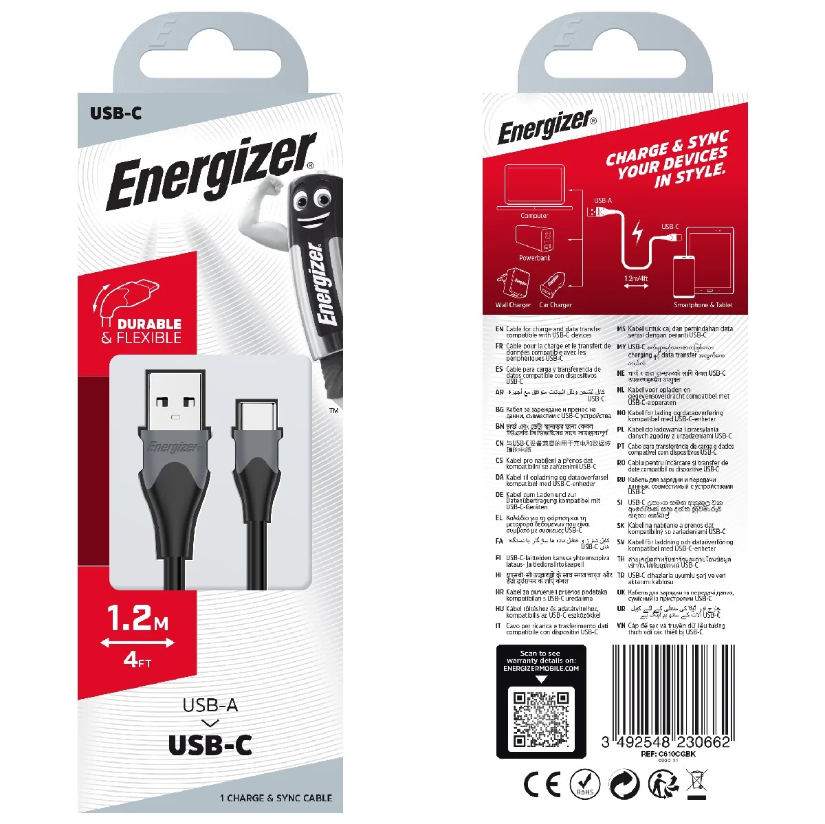 Φωτογραφία προϊόντος: Καλώδιο Σύνδεσης Energizer Bicolor 2.0A USB-A σε USB-C Μαύρο 1.2m