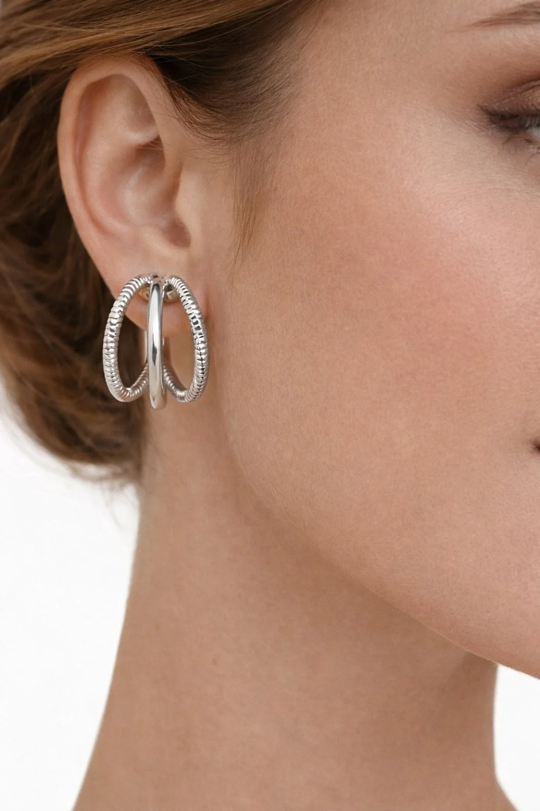 Φωτογραφία προϊόντος: ELUNA Hoop Earrings Silver-Γυναικεία Ασημί Σκουλαρίκια Τριπλοί Κρίκοι