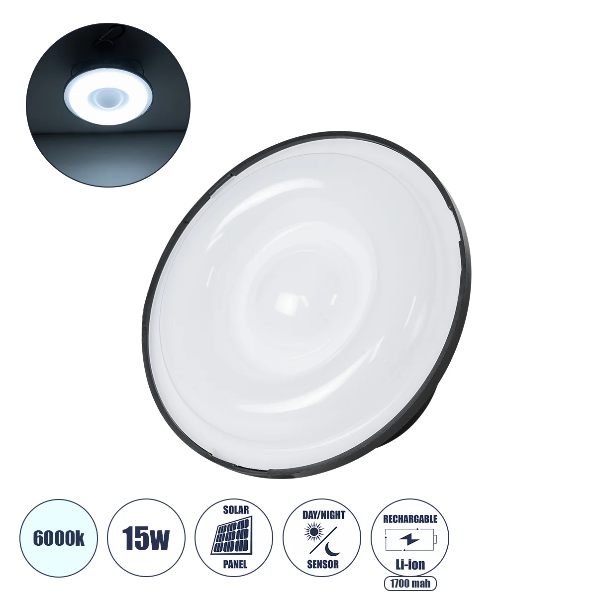 Φωτογραφία προϊόντος: GLOBOSTAR® SOLARLAMP 71487 Λάμπα LED 15W 1500lm 180° DC 5V Powerbank με φορτιστή USB, Φωτοβολταϊκό Panel 5V 1W & Επαναφορτιζόμενη Μπαταρία Li-ion 3.2V 1700mAh IP20 Ψυχρό Λευκό 6000