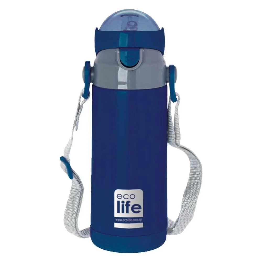 Φωτογραφία προϊόντος: Ecolife Kids Thermos Navy Blue Ανοξείδωτο Παγούρι Θερμός με Καλαμάκι 400ml