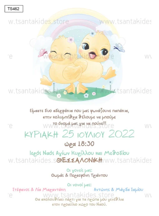 Φωτογραφία προϊόντος: Tsantakides Προσκλητήριο Βάπτισης Δίδυμα TS462 ΠΑΠΑΚΙΑ