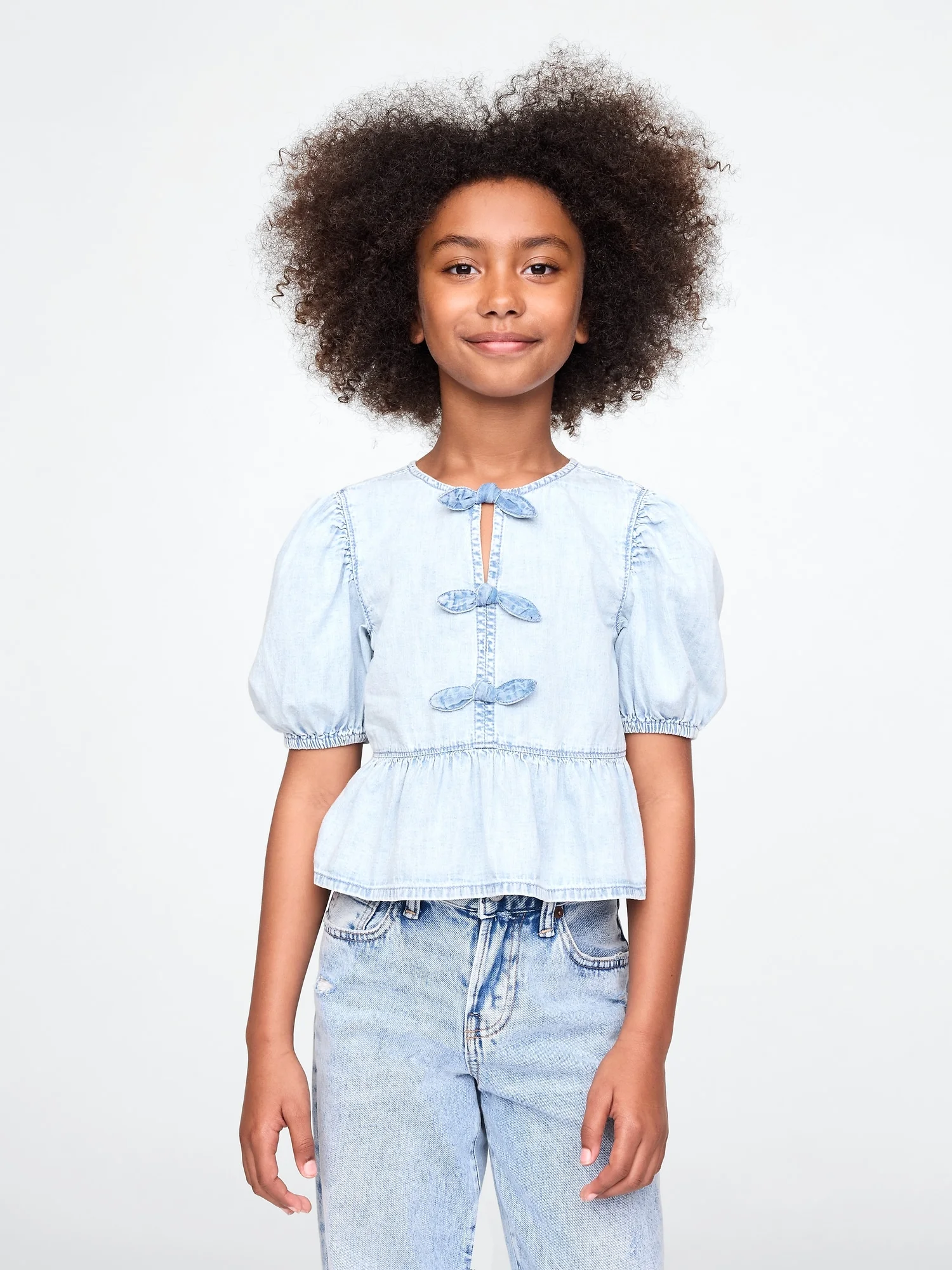 Φωτογραφία προϊόντος: GAP Παιδικό Puff-Sleeve Τζιν Peplum Πουκάμισο Medium wash