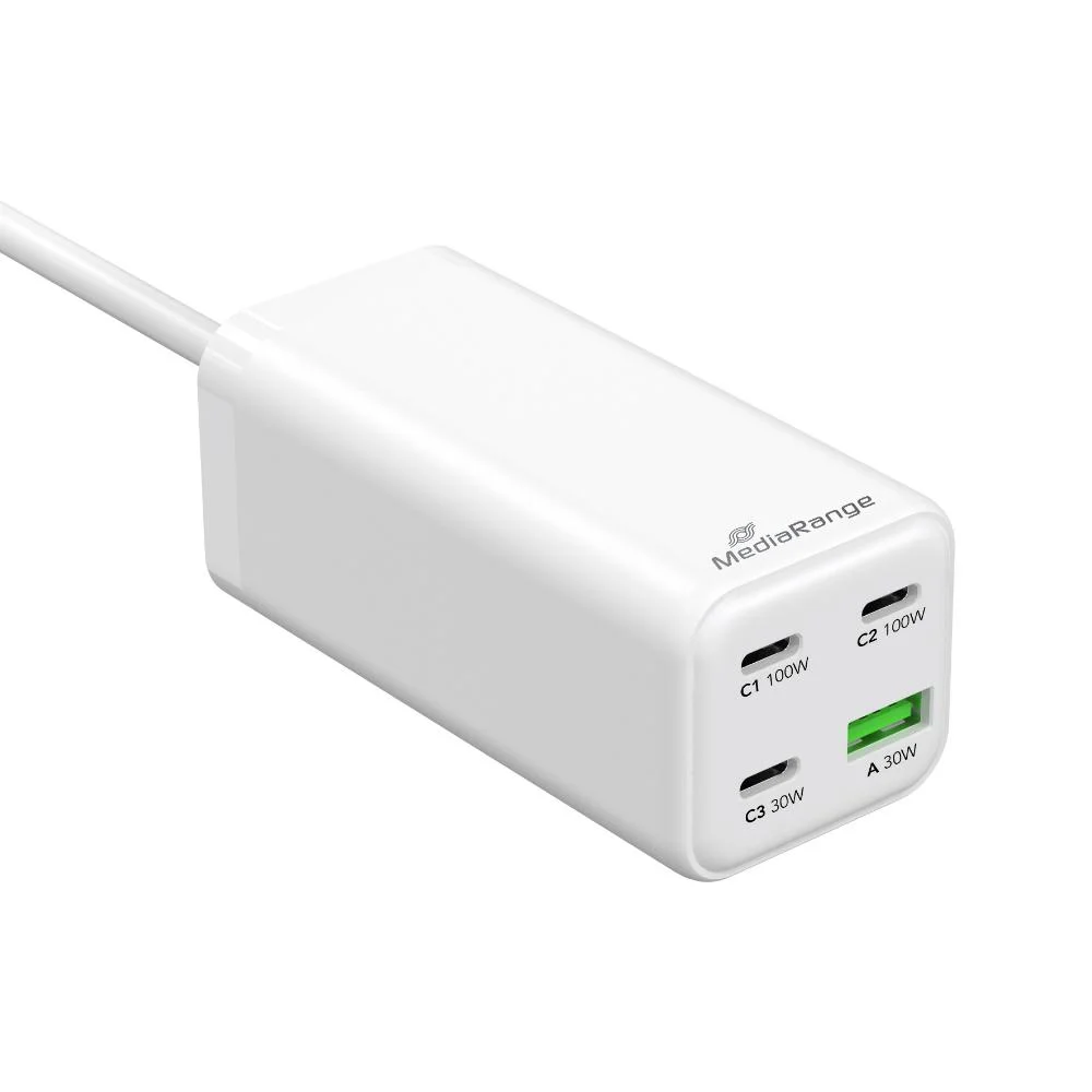 Φωτογραφία προϊόντος: MediaRange 100W GaN Fast Charging Station, 1.5m Cable (EU-Plug), 3x USB-C and 1x USB-A, USB-C® Power Delivery and Quick Charge enabled, White (MRMA124)