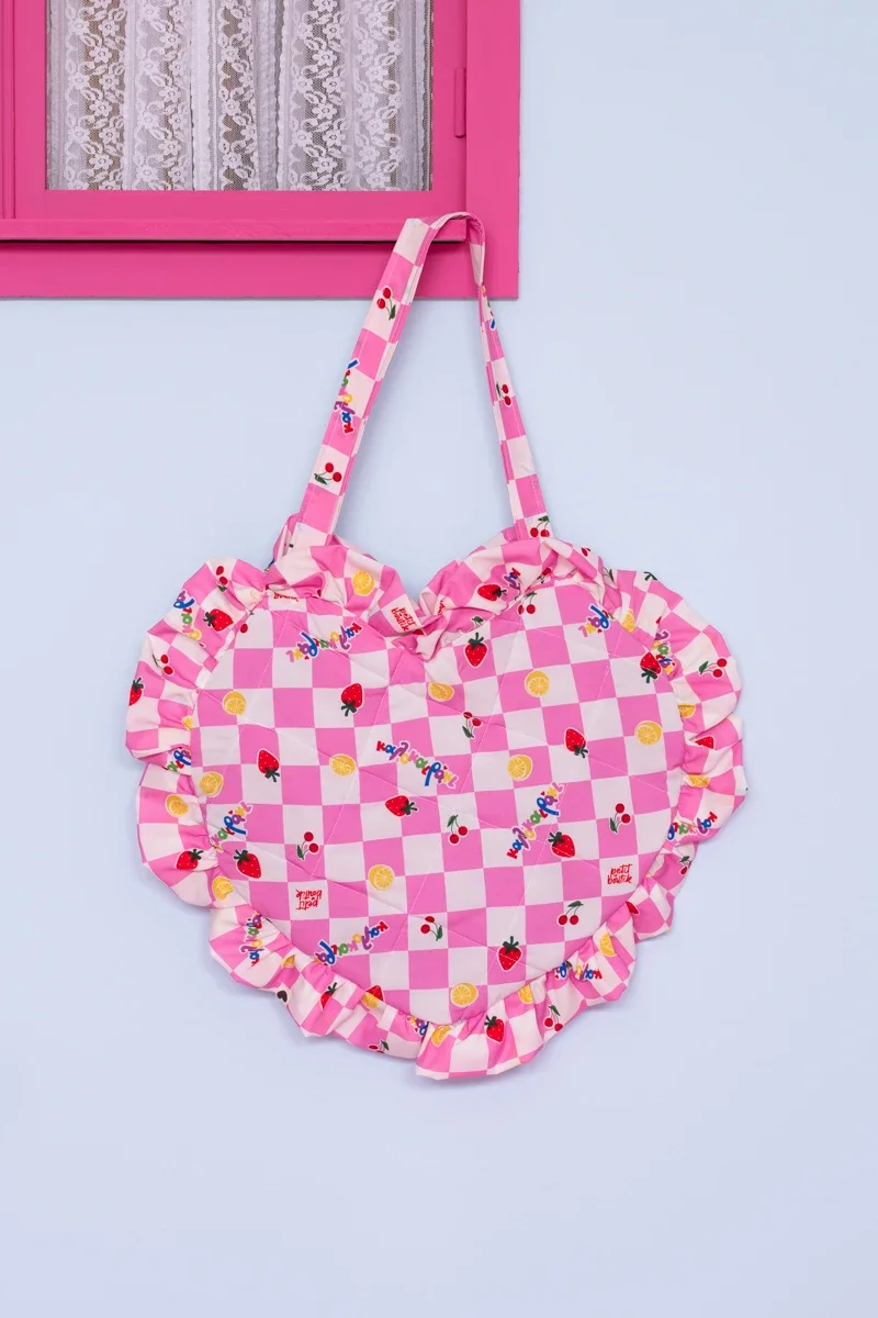 Φωτογραφία προϊόντος: Heart Bag White Pink Checkered Καλοκαιράκι Frill Τσάντα Καρδιά Petit Boutik