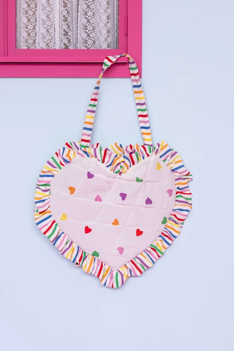Φωτογραφία προϊόντος: Heart Bag Cream Hearts Rainbow Stripes Frill Τσάντα Καρδιά Petit Boutik