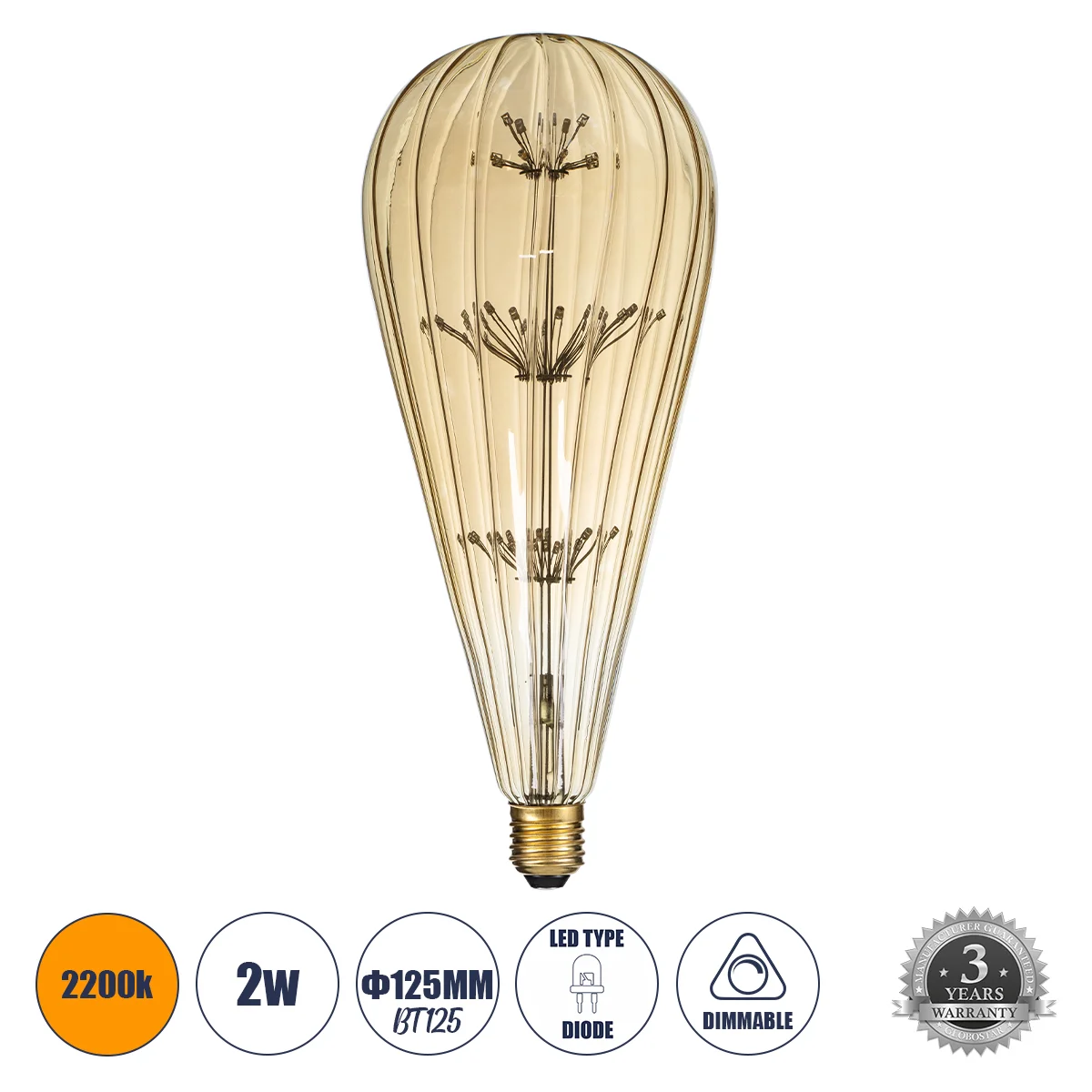 Φωτογραφία προϊόντος: GLOBOSTAR® BOMBSHELL 99212 Λάμπα E27 BT125 LED 1.8W 158lm 360° AC 220-240V IP20 Ultra Θερμό Λευκό 2200K Dimmable - Diode HP Filament Chip - Μελί - Μ12.5 x Π12.5 x Υ29cm - 3 Χρόνια