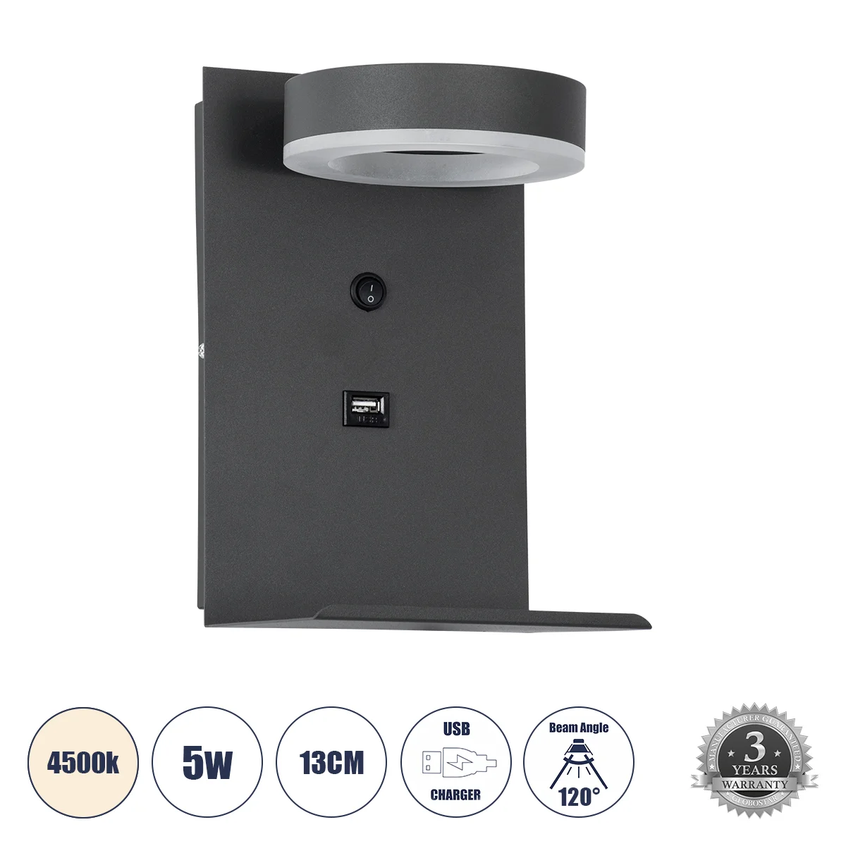 Φωτογραφία προϊόντος: GLOBOSTAR® CROWN 61372 Μοντέρνο Φωτιστικό Τοίχου - Απλίκα Ξενοδοχείου Reading Light με Φορτιστή USB 3A LED 5W 550lm 120° AC 220-240V IP20 Φυσικό Λευκό 4500K - Bridgelux COB Chip &