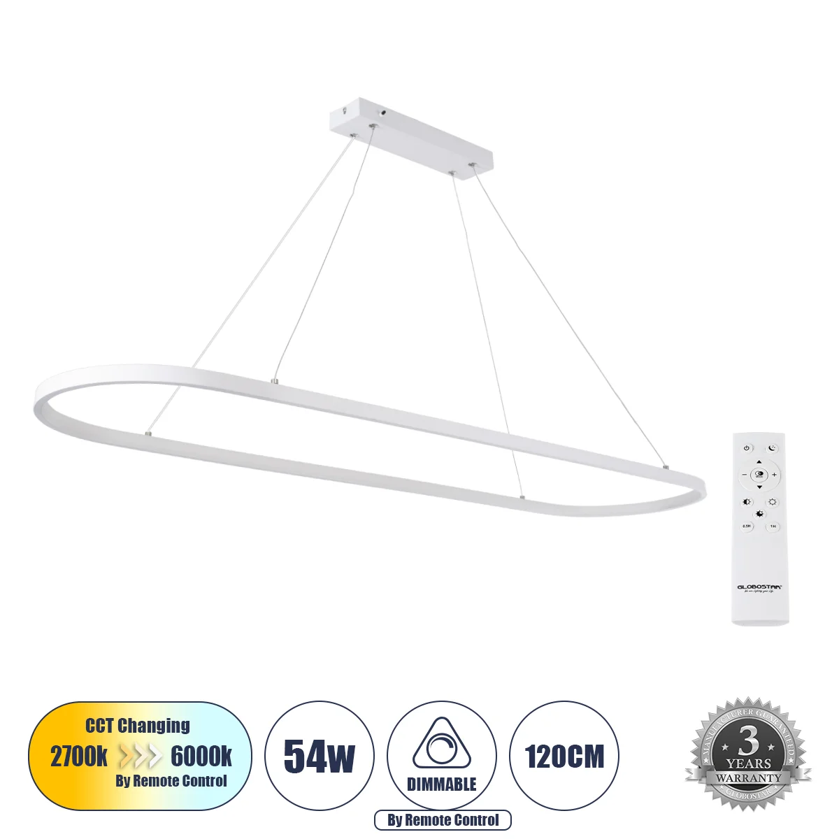 Φωτογραφία προϊόντος: GLOBOSTAR® BOLIVAR 61272 Μοντέρνο Κρεμαστό Φωτιστικό Οροφής LED 54W 6210lm 360° AC 220-240V IP20 Ρυθμιζόμενο Λευκό CCT με Χειριστήριο από 2700K έως 6000K Dimmable - Lumileds SMD Ch