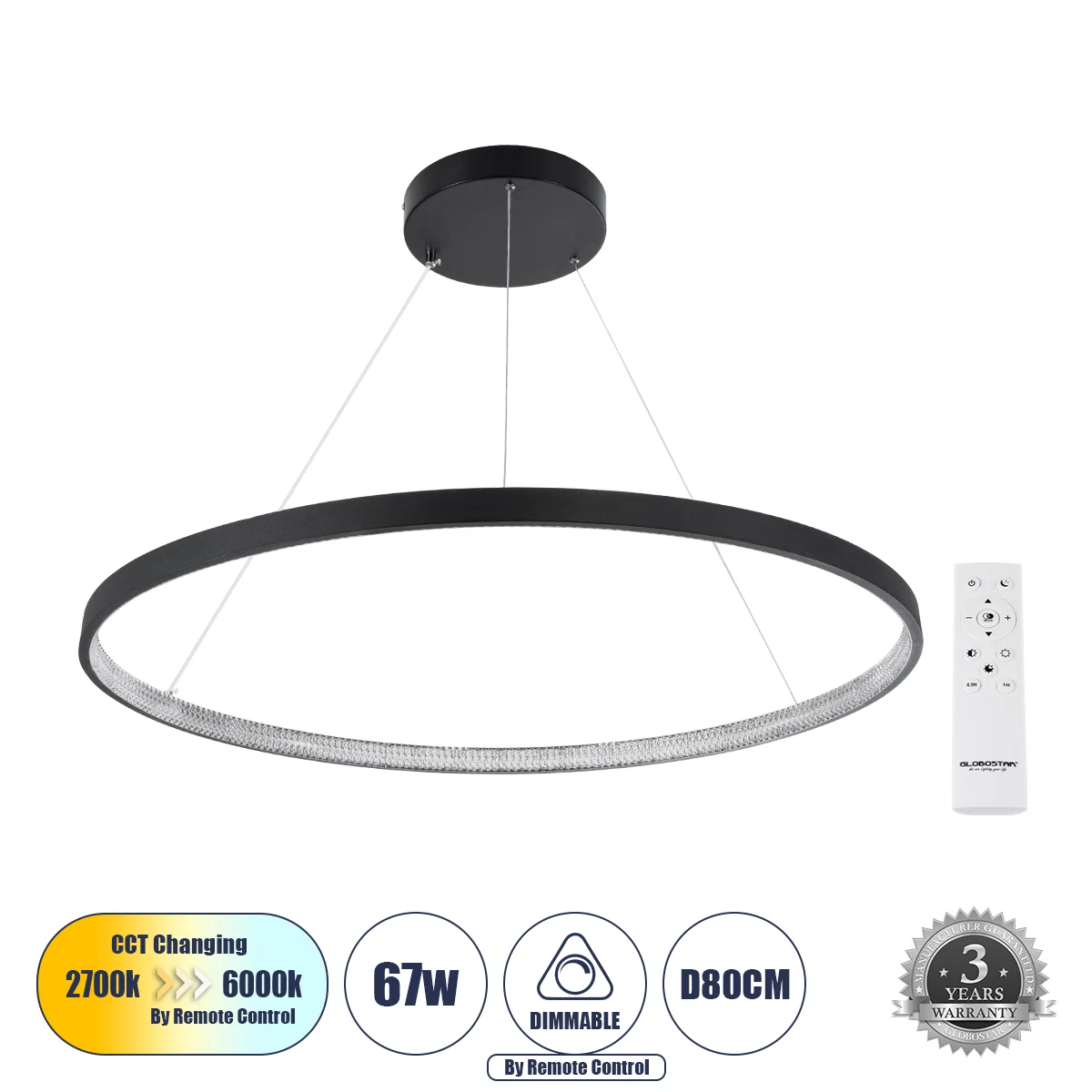 Φωτογραφία προϊόντος: GLOBOSTAR® DIAMOND 61520 Μοντέρνο Κρεμαστό Φωτιστικό Οροφής LED 67W 7504lm 360° AC 220-240V IP20 Ρυθμιζόμενο Λευκό CCT με Χειριστήριο από 2700K έως 6000K Dimmable - Lumileds SMD Ch