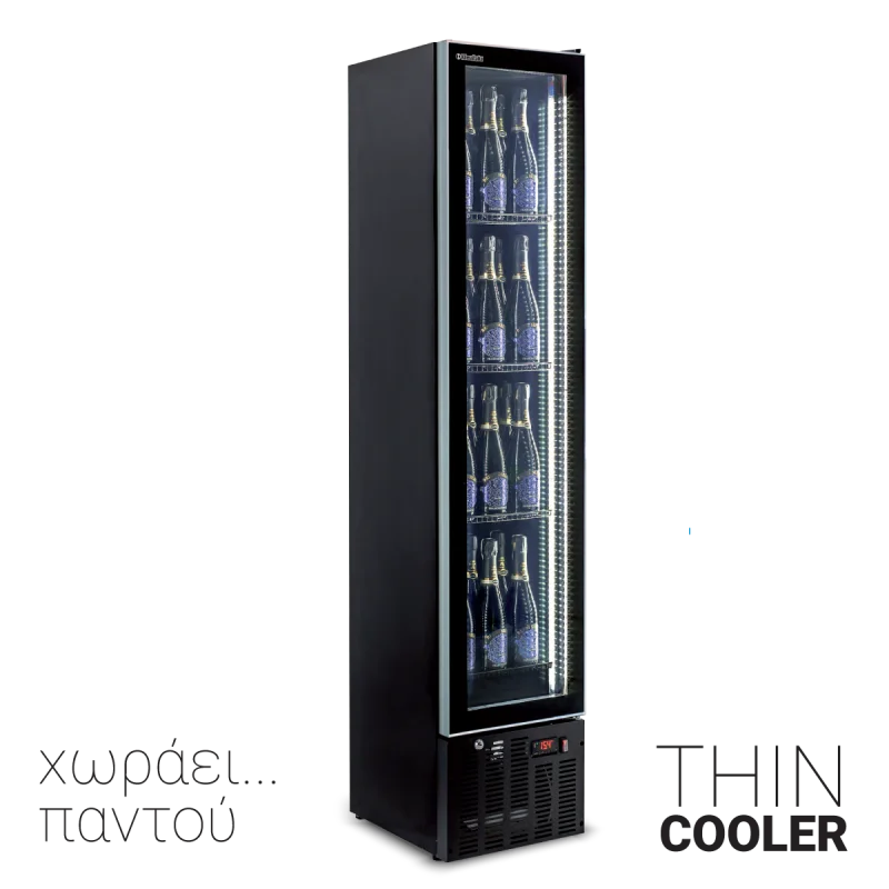 Φωτογραφία προϊόντος: KlimaItalia Thin Cooler Black Βιτρίνα Συντήρησης Αναψυκτικών Στενή 164t Μονή με 5 Ράφια 39x47,5x188 cm 24.50.025.0001