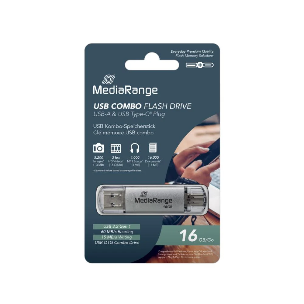 Φωτογραφία προϊόντος: MR SSD & USB FLASH DRIVES & MEMORY CARDS MediaRange USB 3.1 Combo Flash Drive with USB Type-C™ plug, 16GB (MR935)