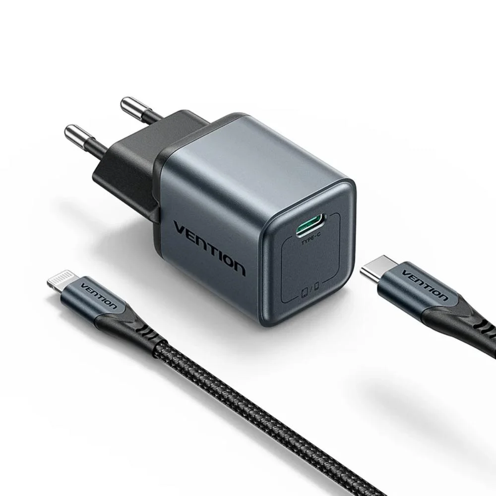 Φωτογραφία προϊόντος: VENTION 1-Port USB-C GaN Charger (20W) Gray with USB-C to Lightning Cable (1M) Black EU-Plug (TZ-FEVH0-EU) (VENTZ-FEVH0-EU)