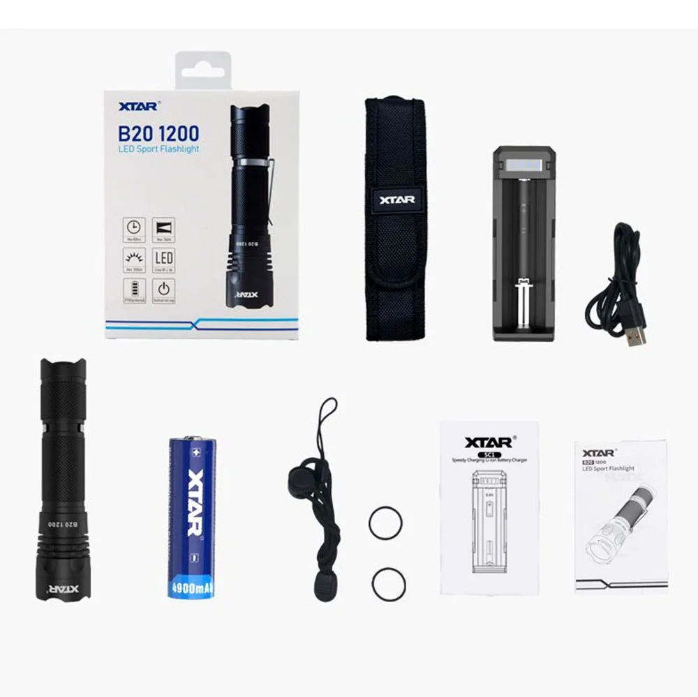 Φωτογραφία προϊόντος: Σετ Φακός Xtar B20 Sports 1200 Lumens IPX8 Απόσταση 240m με Μπαταρία 21700 4900mAh και Φορτιστή SC1