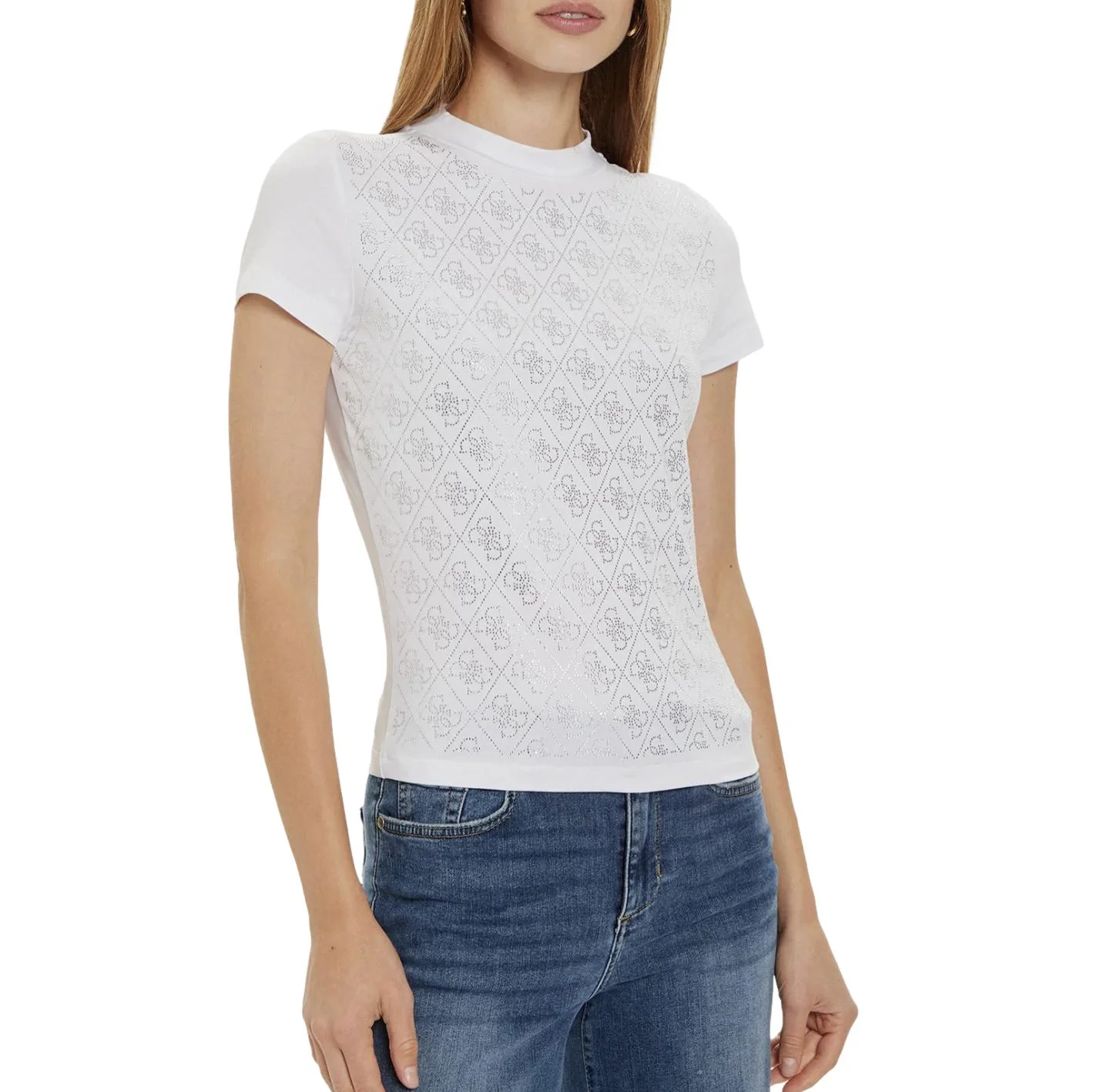 Φωτογραφία προϊόντος: Γυναικείο T-shirt Guess mock neck tee all over 4g λευκό