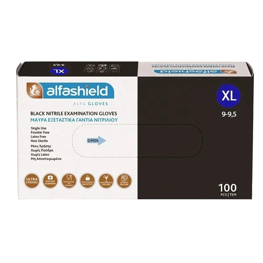 Φωτογραφία προϊόντος: ALFASHIELD Alfa Gloves Εξεταστικά Γάντια Νιτριλίου Μαύρα - Extra Large 100 Τμχ