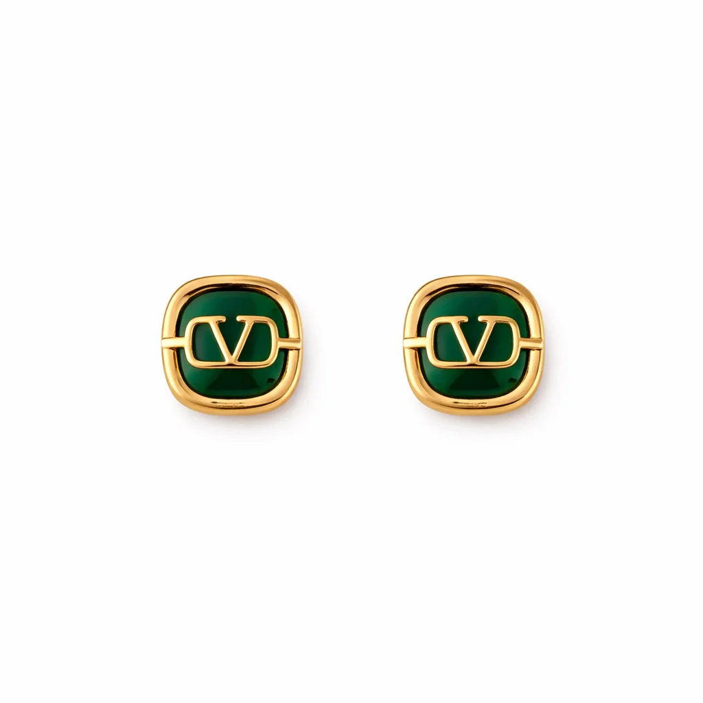 Φωτογραφία προϊόντος: ELUNA Louis Vuitton Green Stone Luxury Square Earrings-Σκουλαρίκια Χρυσού Τόνου με Πράσινη Πέτρα