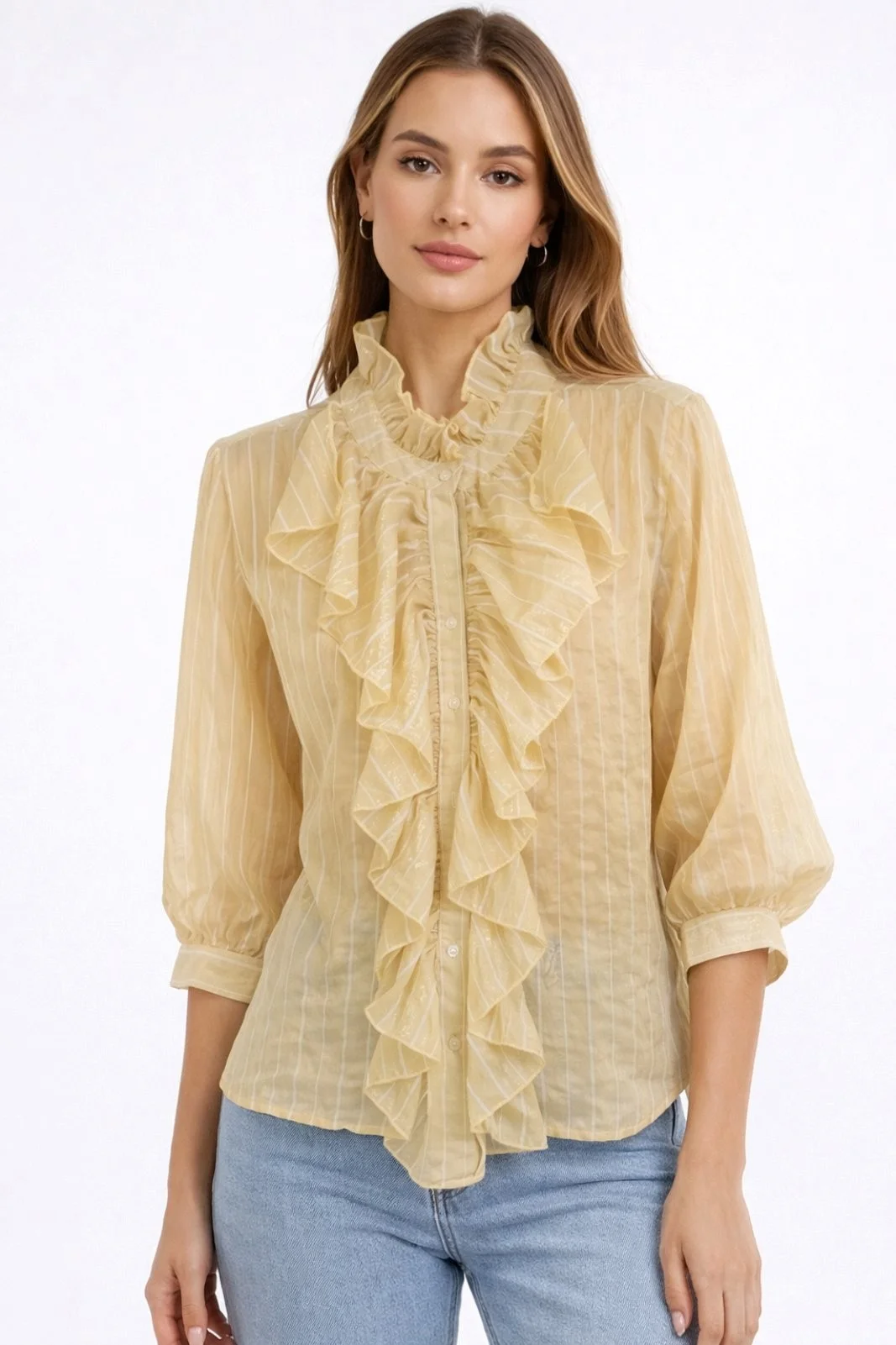 Φωτογραφία προϊόντος: ELUNA Belle Shirt-Ρομαντικό Πουκάμισο με Βολάν & Όρθιο Γιακά σε Απαλό Κίτρινο