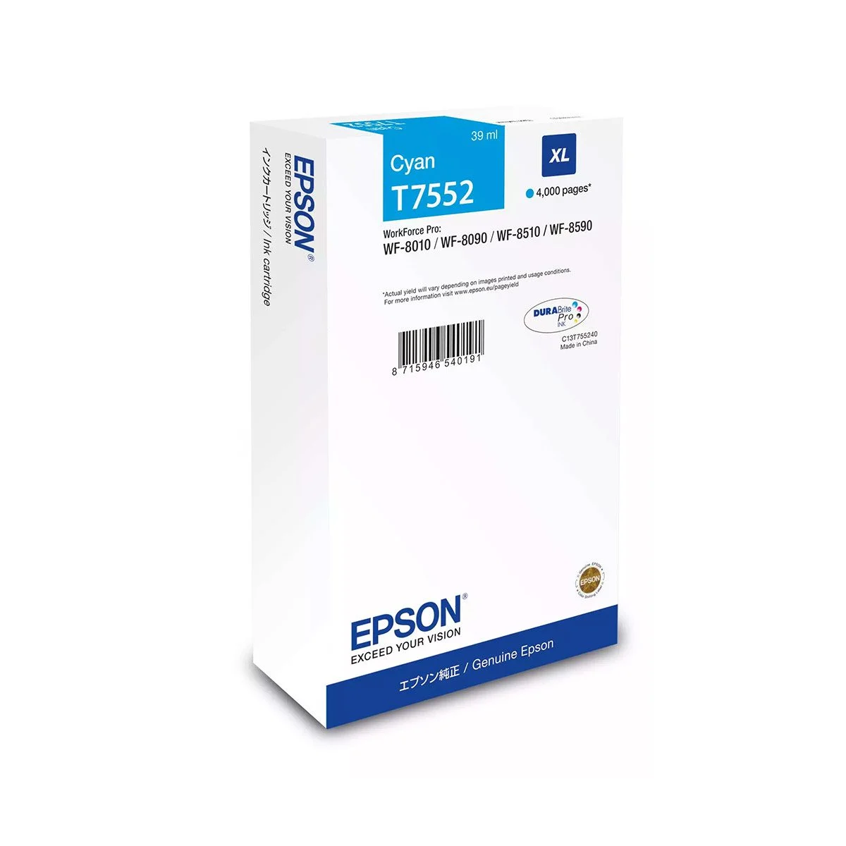 Φωτογραφία προϊόντος: Ink Epson DURABrite C13T75524N Cyan Size XL 39ml 4K Pgs - C13T75524N