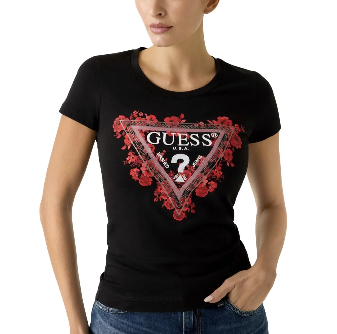 Φωτογραφία προϊόντος: Γυναικείο T-shirt Guess flower triangle tee μαύρο