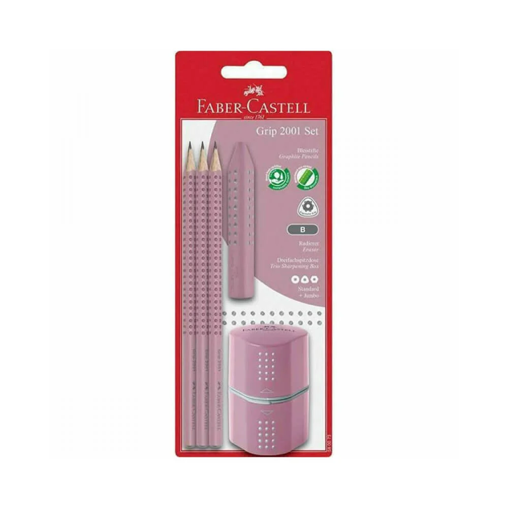 Φωτογραφία προϊόντος: Faber Castell - Σετ 3 Μολύβια Grip Ροζ & Ξύστρα Grip & Γόμα Grip 580073