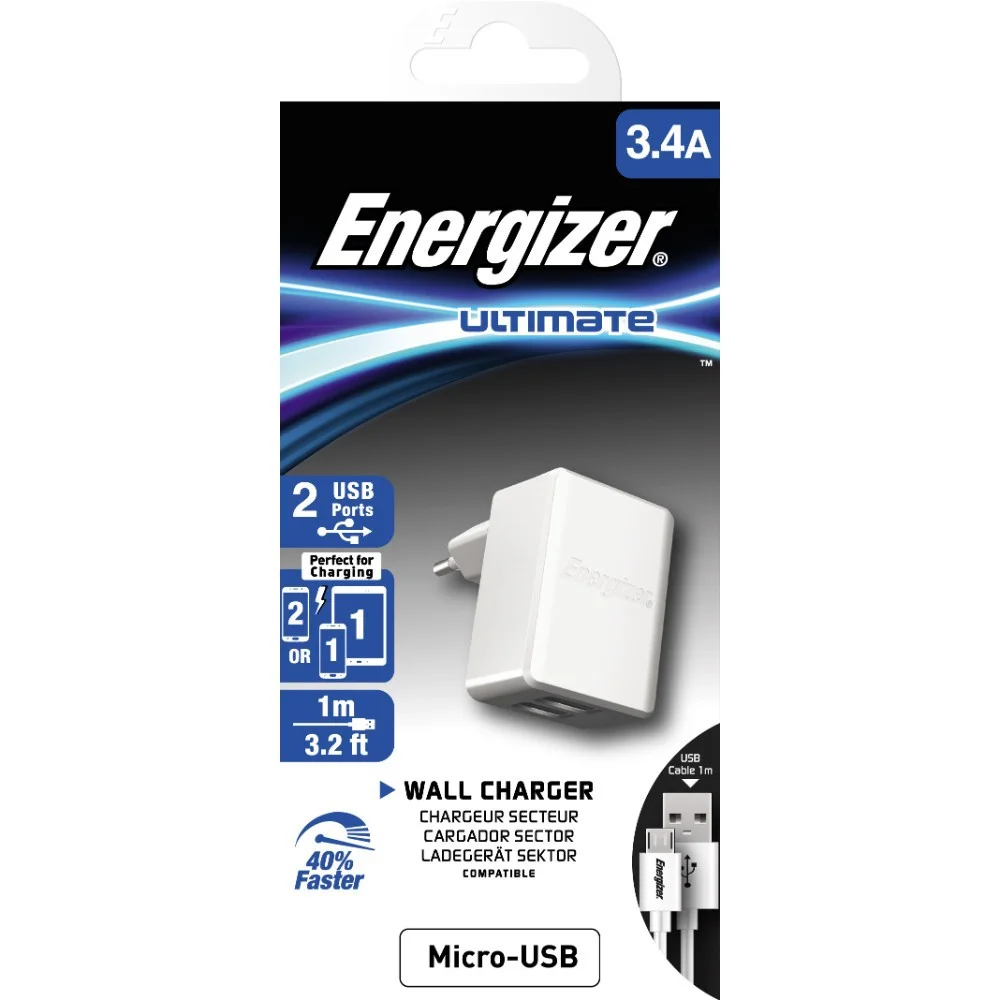 Φωτογραφία προϊόντος: Φορτιστής Ταξιδίου Energizer ACW2CEUUMC3 3.4A με 2 θύρες USB A και Καλώδιο Micro USB 1m