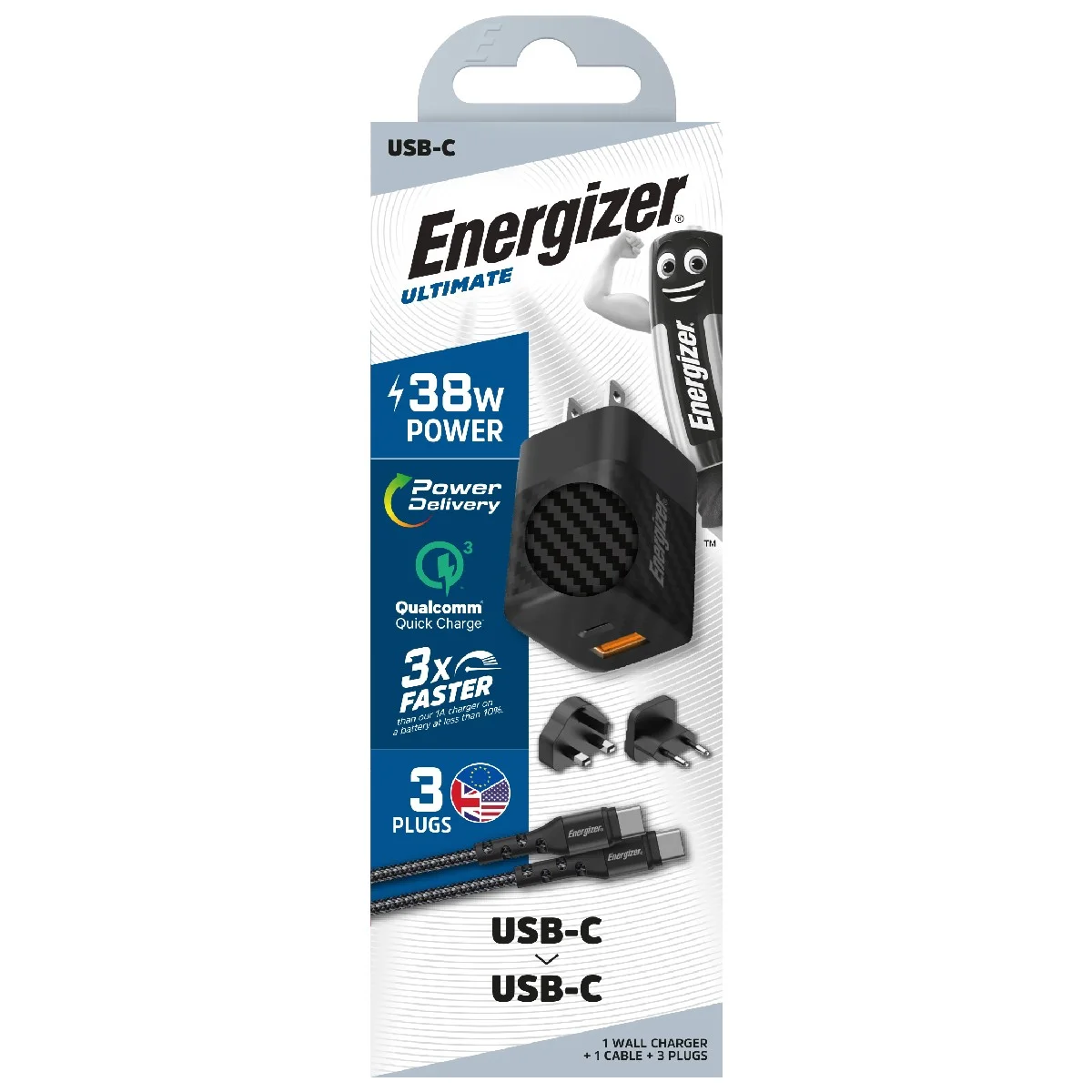 Φωτογραφία προϊόντος: Φορτιστής Ταξιδίου Energizer με 2 θύρες USB-C/A 38W PD20W QC3 18W Καλώδιο USB-C/USB-C