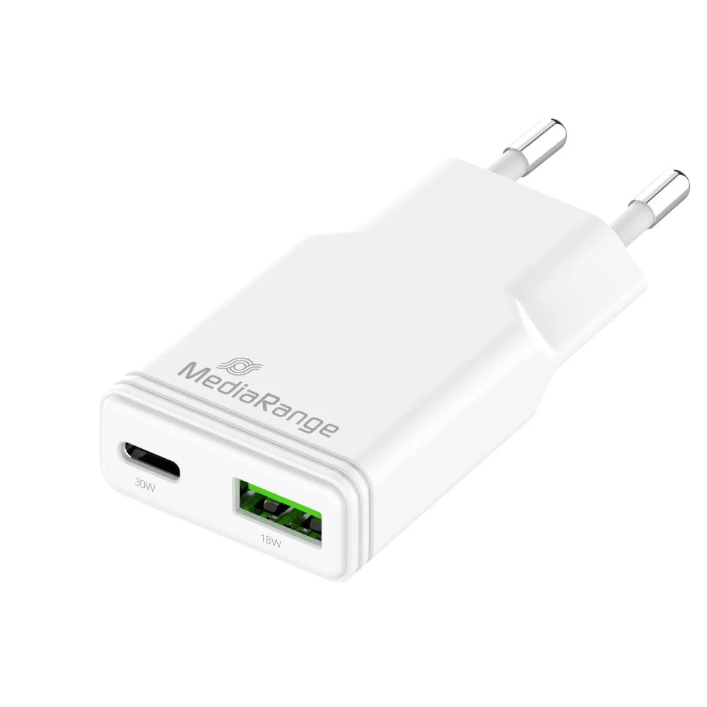 Φωτογραφία προϊόντος: MediaRange 30W GaN Fast Charging Adapter (EU-Plug), 1x USB-C and 1x USB-A, USB-C® Power Delivery and Quick Charge enabled, White (MRMA125)