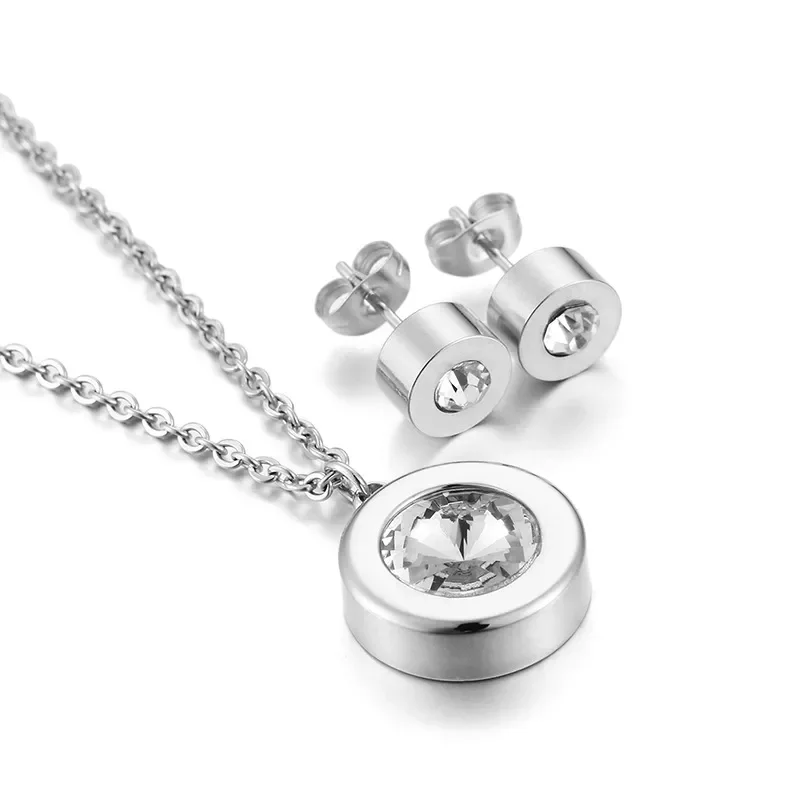 Φωτογραφία προϊόντος: Peach Jewelry Σετ Κυκλικό Κολιέ Και Σκουλαρίκια Stud Με Λευκό Κρύσταλλο Ανοξείδωτο Ατσάλι 316