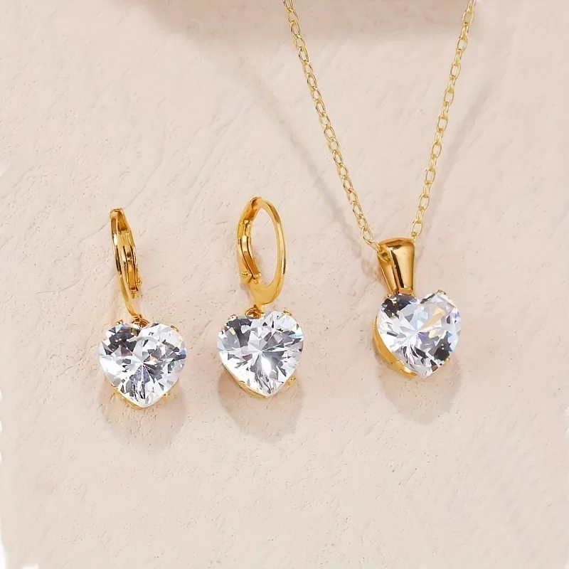 Φωτογραφία προϊόντος: Peach Jewelry Σετ Καρδιά Λευκό Ζιρκόν Ανοξείδωτο Ατσάλι 304 Επιχρυσωμένο
