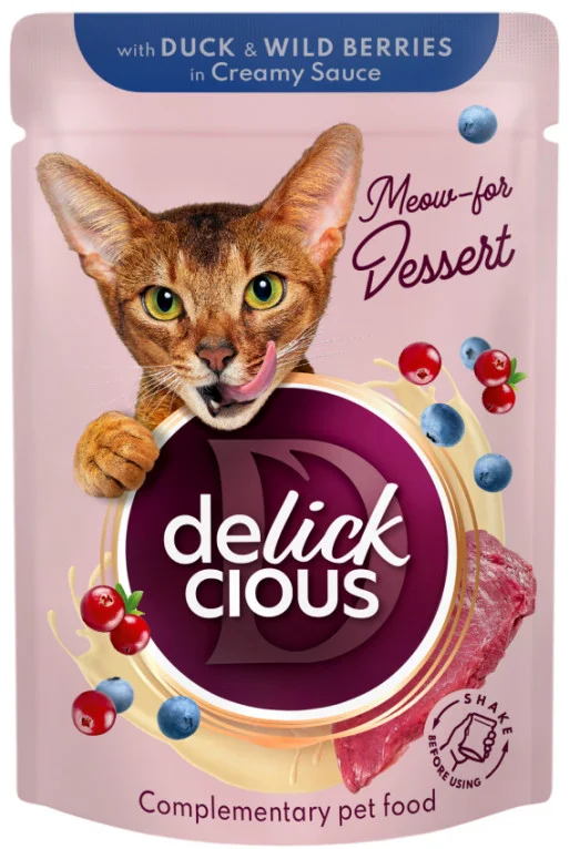 Φωτογραφία προϊόντος: Delickcious Υγρή τροφή με νιφάδες από πάπια με άγρια μούρα σε κρεμώδη σάλτσα 80gr Delickcious (2072056)
