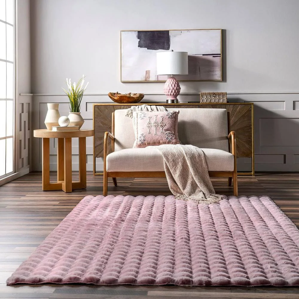 Φωτογραφία προϊόντος: Saray Home Γούνινο Χαλί Rabbit Fur Σετ Κρεβατοκάμαρας 3τμχ Solid Design FUR3D-512PN-SET Πούδρα 180X200280X130